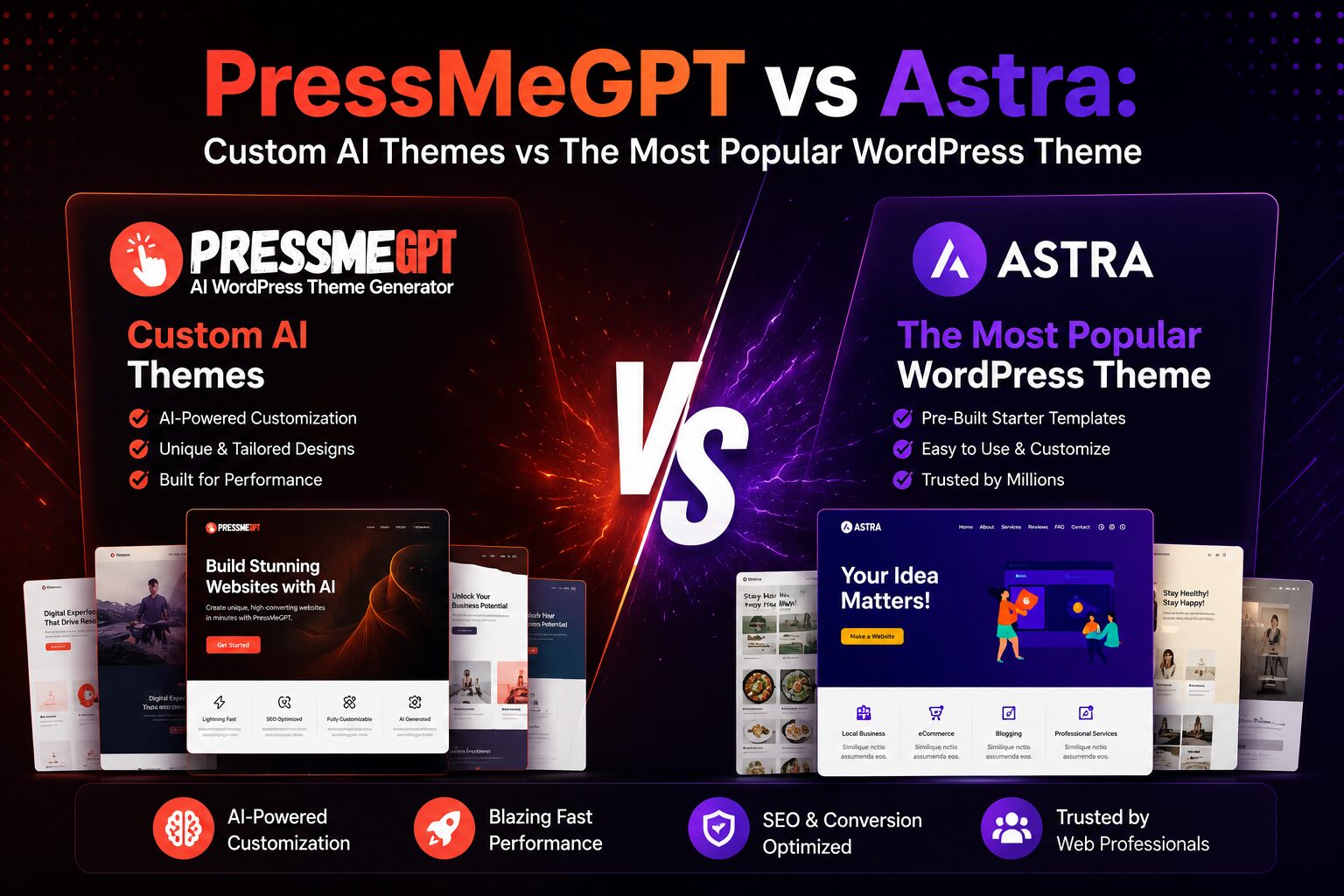 PressMeGPT vs Astra Custom AI Themes vs The Most Popular WordPress Theme